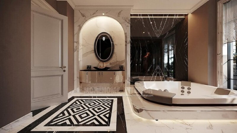 Thiết kế nội thất phòng tắm có bồn đẹp, sang trọng tại biệt thự Vinhomes Imperia Hải Phòng. Mẫu nội thất biệt thự đẹp