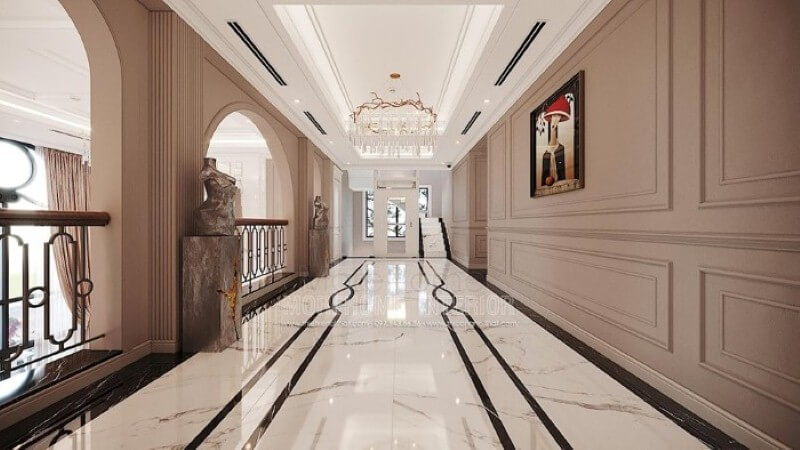 Đá lát nền đẹp tạo nên vẻ đẹp sang trọng, đẳng cấp cho không gian hành lang. Mẫu nội thất biệt thự đẹp